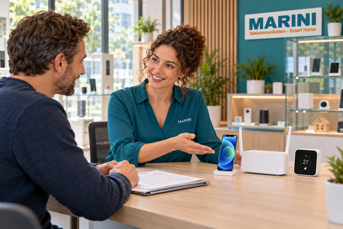Marini-Beraterin im Gespräch mit einem Kunden; das vollständige MARINI-Logo hängt an der Wand im Shop